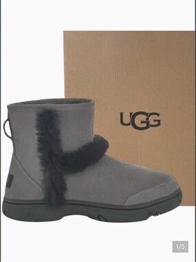 NEW! UGG GREY SUNBURST MINI SUEDE/ SHEEPSKIN COMFORT BOOTS
